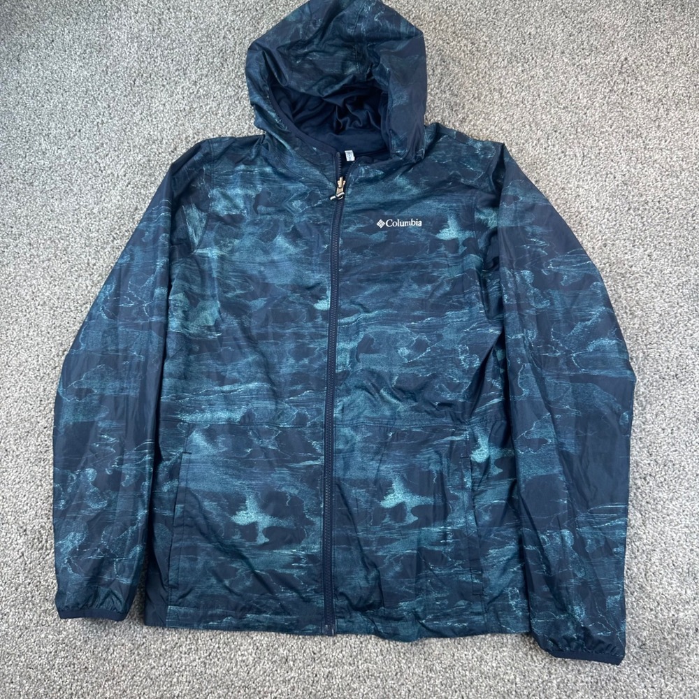 Columbia Pixel Grabber Windbreaker Jacket Kids XL 18/20 Reversible Hooded Blue